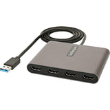 StarTech USB-A to HDMI Adapter for connecting 4 HDMI displays, supporting 1080p resolution and easy plug-and-play setup.