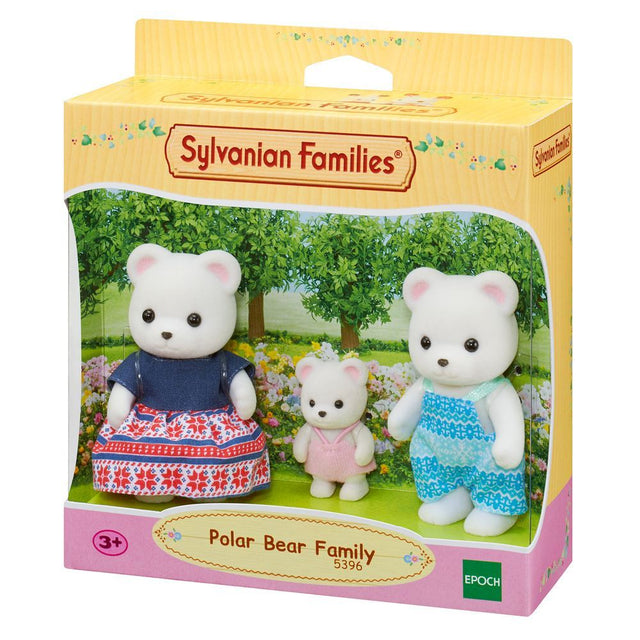 Sylvanian Families Polar Bear Family set featuring Seamus, Maya, and baby Yana, perfect for imaginative play and storytelling.