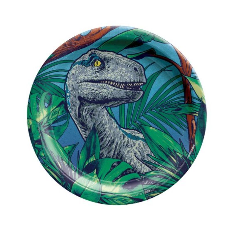 Set of 8 Jurassic-themed paper plates featuring vibrant dinosaur illustrations, perfect for children's parties and snacks.