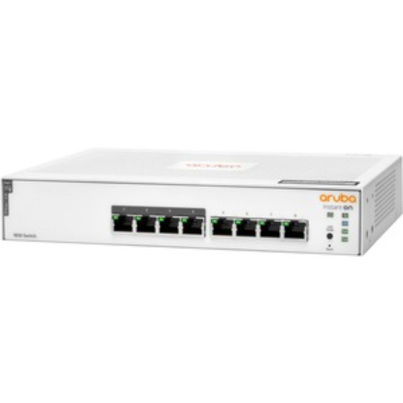 Aruba Instant On 1830 8-port PoE switch, supports Gigabit Ethernet, flexible mounting, and smart-managed features for small businesses.