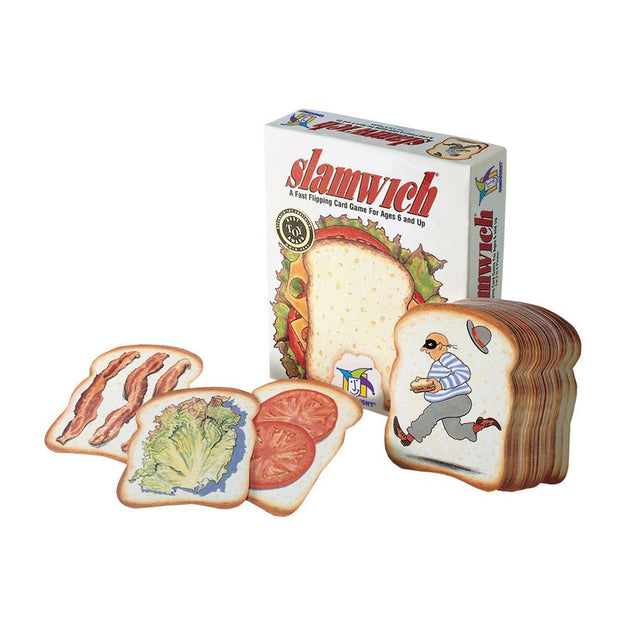 Fast-paced card game, Slamwich, invites players to flip, stack, and slap cards to win delicious sandwich-themed piles.