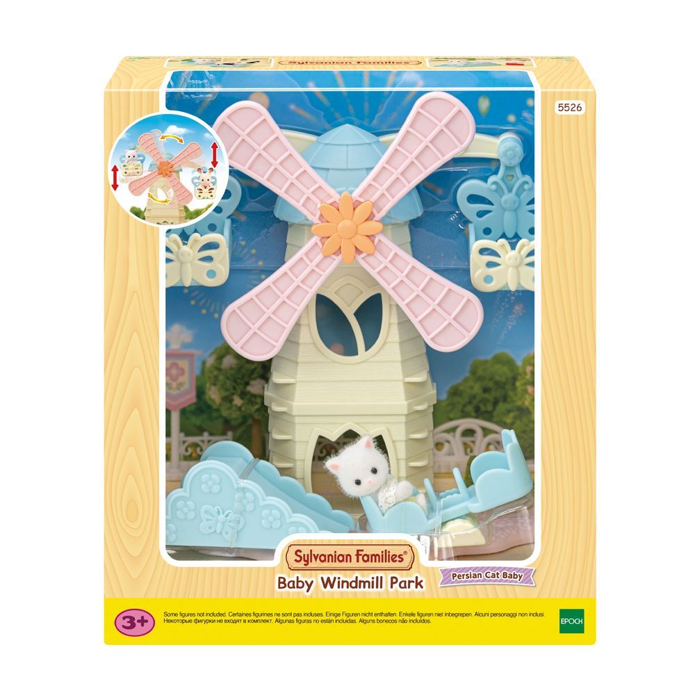 Colorful baby windmill park playset featuring butterfly gondolas, tulip see-saw, and flower slide for imaginative play.