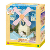 Colorful Sylvanian Families Baby Windmill Park playset featuring a windmill, seesaw, and slide for imaginative group play.