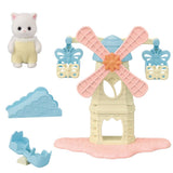 Colorful Sylvanian Families Baby Windmill Park playset featuring butterfly gondolas, tulip see-saw, and flower slide for kids.