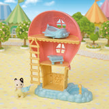 Colorful Sylvanian Families Baby Balloon Playhouse with rope ladder, star piano, airplane bed, and cloud pool for collaborative play.