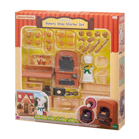 Sylvanian Families Bakery Shop Starter Set featuring toy baked goods, tools, and the Chocolate Rabbit Girl in an apron and hat.