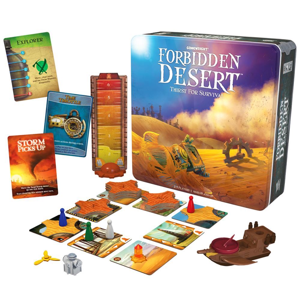 Forbidden Desert Card Game: Team up to uncover a legendary flying machine amidst thrilling challenges and sandstorms.