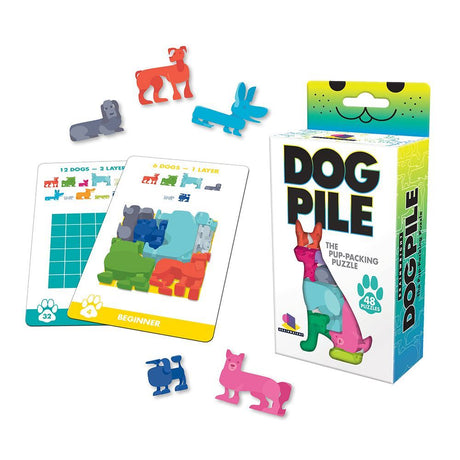 Colorful game box of Dog Pile featuring cute dog shapes for a fun family puzzle experience with 48 unique challenges.