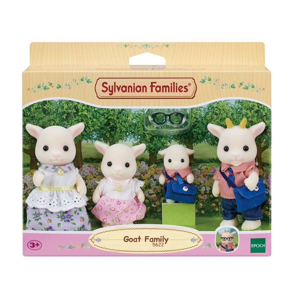 Image of the Sylvanian Families Goat Family, featuring Billy the postman, Nancy the quilter, Mandy the writer, and Jenny the singer.