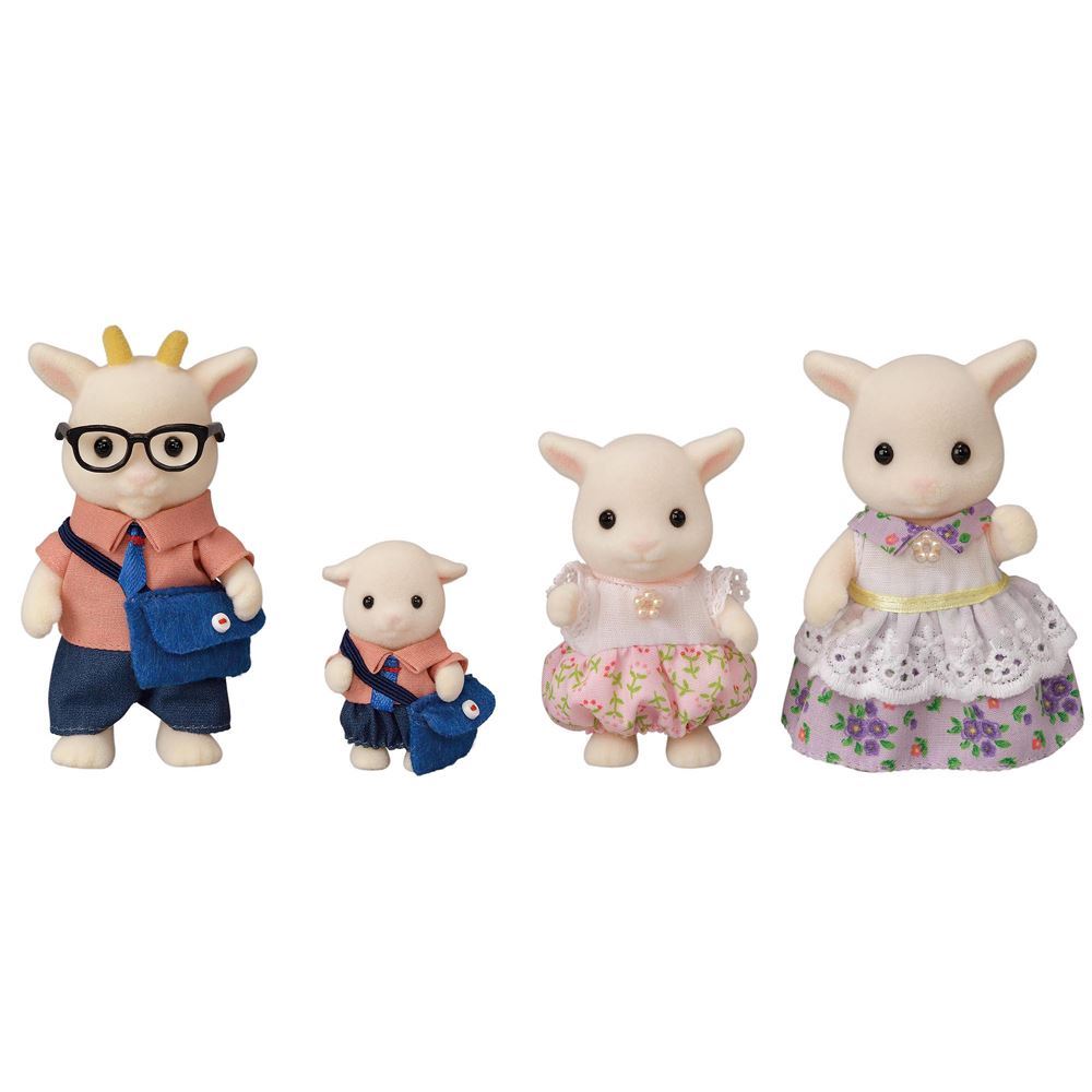 Charming Sylvanian Families Goat Family featuring Billy, Nancy, Mandy, and Jenny Brightfield in playful, creative scenes.