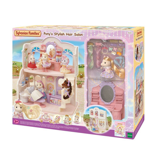 Alt text: "Pony's Stylish Hair Salon playset features Pony girl Sally, vibrant accessories, and a two-storey design for creative hair styling."