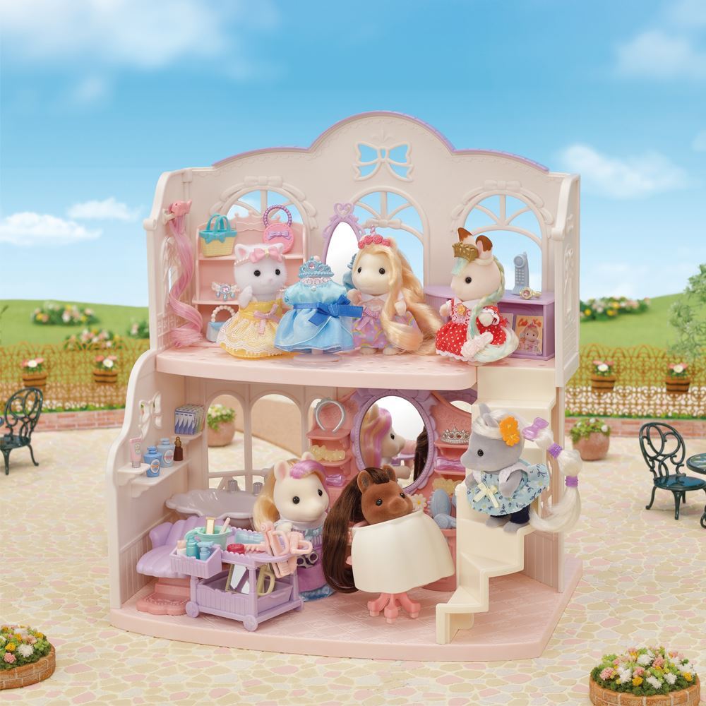 A vibrant two-storey hair salon playset featuring Pony girl Sally and accessories for imaginative hair styling adventures.