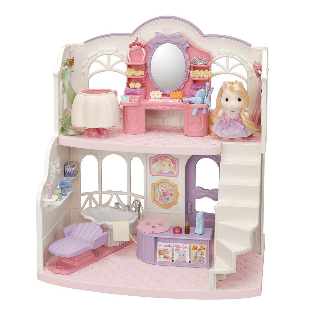 Colorful two-storey hair salon playset with Pony girl Sally, hair accessories, and a shell-shaped shampoo basin for imaginative styling.