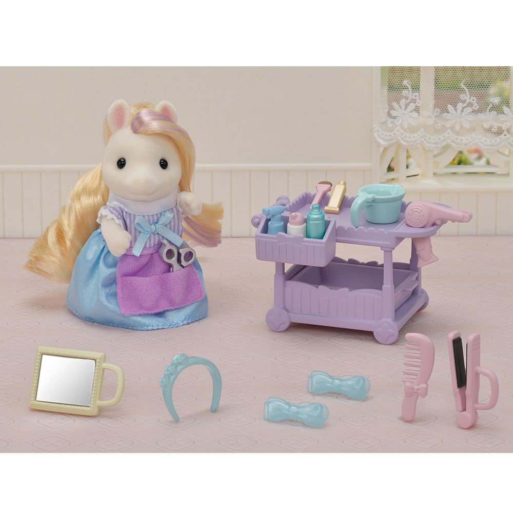 Sylvanian Families Pony's Hair Stylist Set featuring Manely Pony Serafina, hair accessories, and storage cart for playful styling fun.