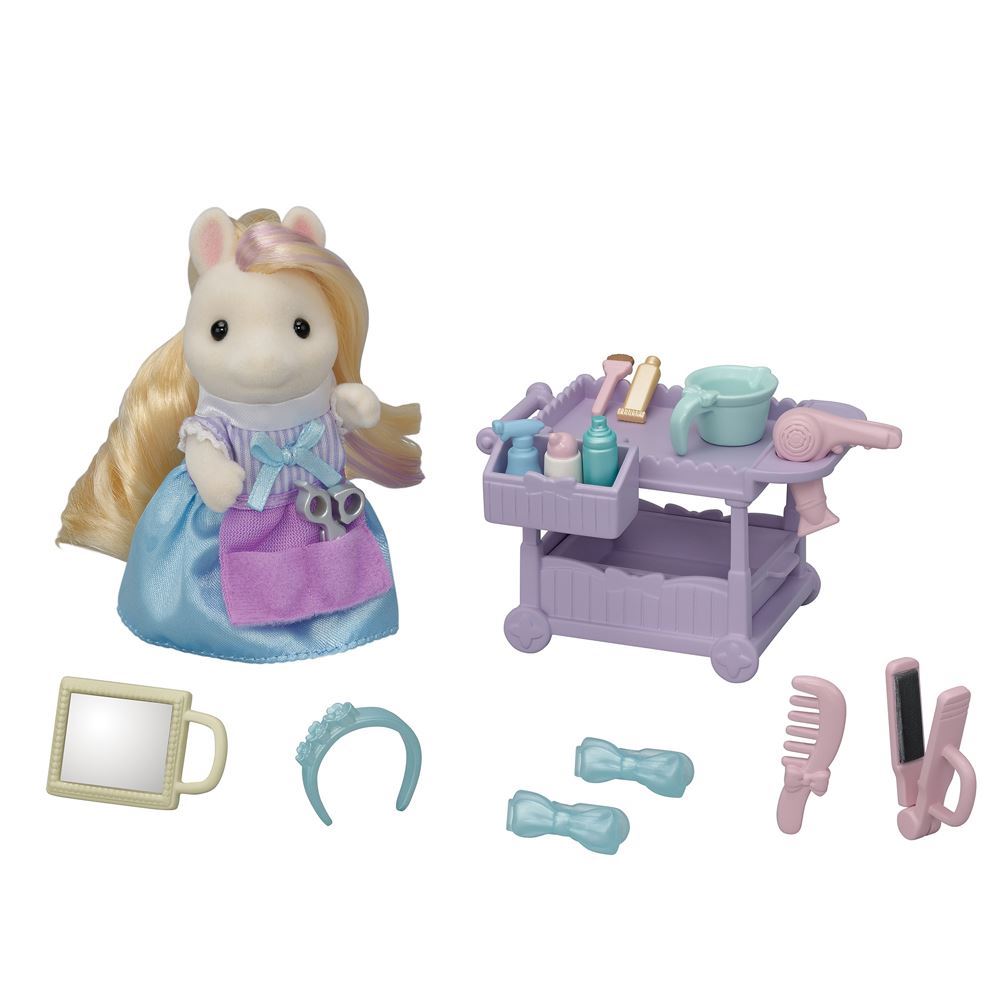 Pony's Hair Stylist Set featuring Serafina, accessories, and storage cart for imaginative hairstyling play.