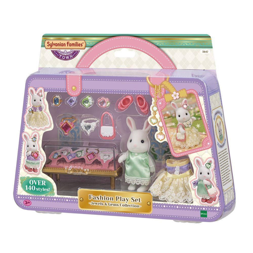 Sylvanian Families Jewels & Gems play set featuring Snow Rabbit Older Sister with 13 fashion accessories for imaginative dress-up.