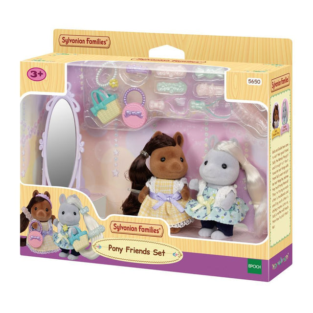 Sylvanian Families Pony Friends Set featuring Bella and Giselle with hair accessories, a mirror, and stylish outfits for imaginative play.