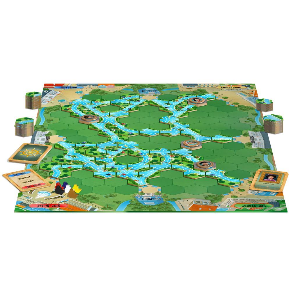 Colorful Canal King board game, showcasing Bruges canals, strategy elements, and exciting player competition.