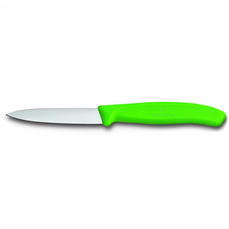 Victorinox green paring knife with 8cm pointed blade, ideal for precise cutting and detailed culinary tasks.