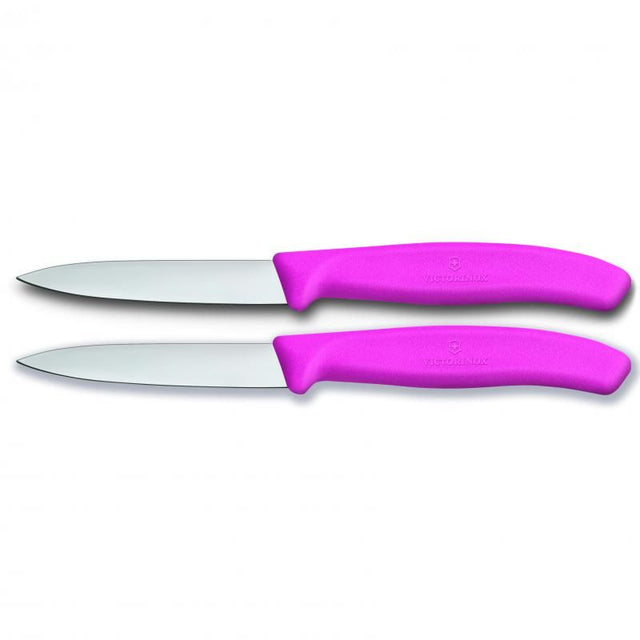 Set of 2 pink paring knives by Victorinox with 8 cm pointed blades, perfect for precision slicing and intricate kitchen tasks.