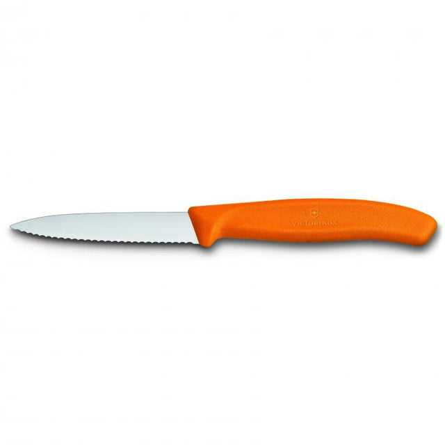 Victorinox Classic pointed tip wavy edge paring knife with 8cm blade and ergonomic orange handle for precise kitchen tasks.