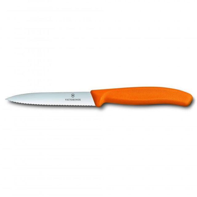 Victorinox Classic Paring Knife with orange handle, 10cm wavy edge for slicing fruits and vegetables with precision.