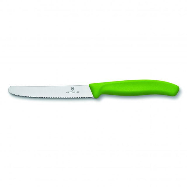 Victorinox Swiss Classic Tomato and Steak Knife in green, 11cm blade with wavy edge, ergonomic handle, perfect for soft fruits.