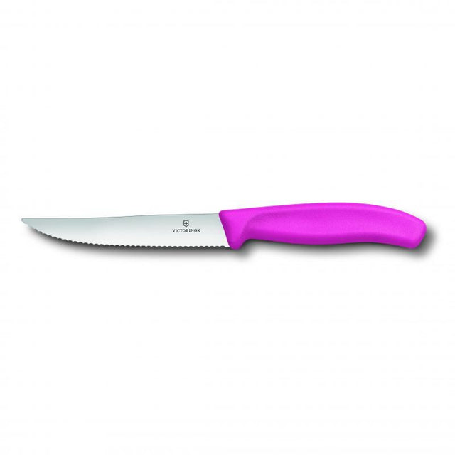 Victorinox Classic Pink Steak & Pizza Knife, 12cm blade, wavy edge for smooth slicing, ergonomic handle for comfort.