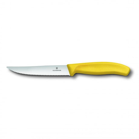 Victorinox Classic Yellow Steak & Pizza Knife with 12cm wavy blade, perfect for effortless slicing and ergonomic comfort.