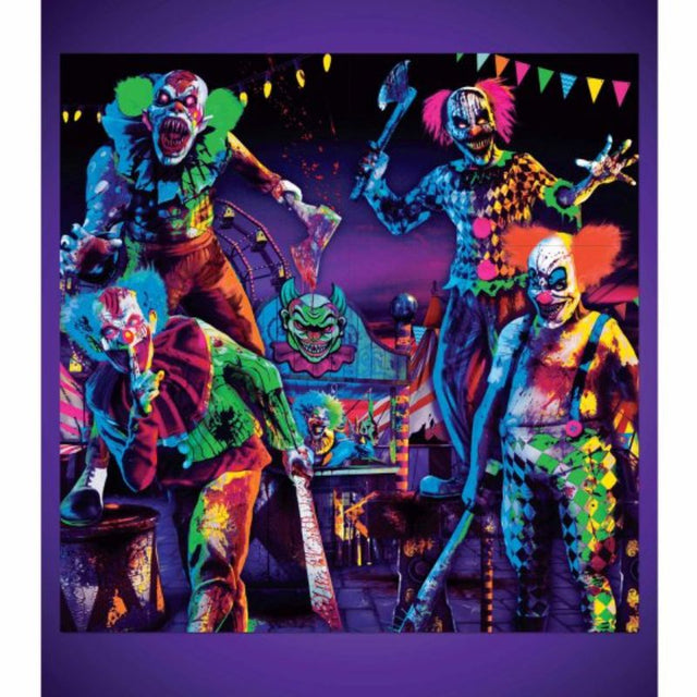 Creepy Carnival backdrop set of 6 black light reactive sheets, perfect for Halloween parties and spooky events.