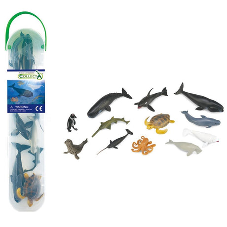 Colorful tube containing 12 mini sea animal figurines, perfect for imaginative play and marine education for children.