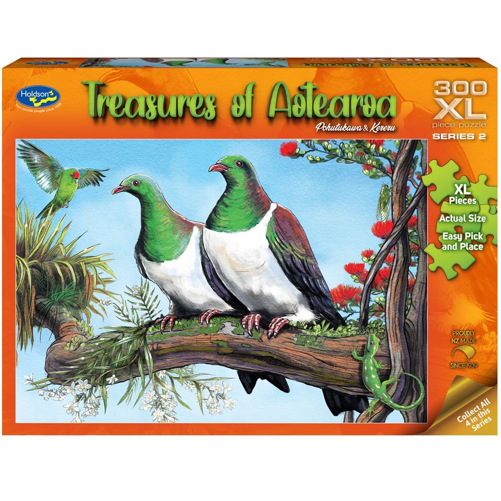 Holdson 300XL puzzle featuring Pohutukawa blossoms and Kereru, designed for kids aged 8+, made from eco-friendly materials.