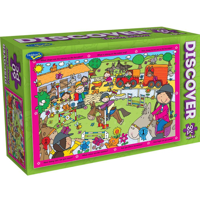 Colorful 60-piece pony show puzzle for ages 4+, featuring hidden object game and eco-friendly materials.