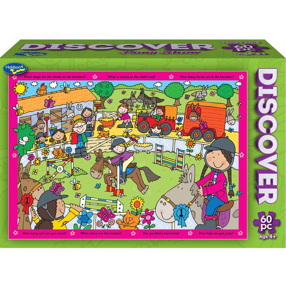 Colorful 60-piece pony show puzzle for ages 4+, promotes hand-eye coordination and cooperative play while finding hidden objects.