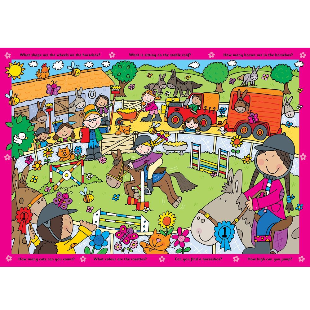 Colorful 60pc pony show puzzle for ages 4+, promoting hand-eye coordination and cooperative play with hidden object challenges.