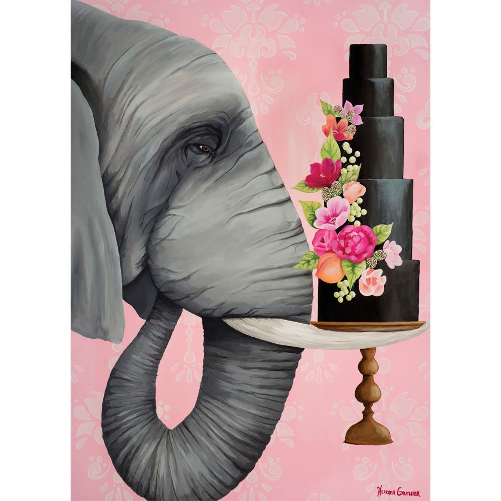 Vibrant puzzle of an elephant enjoying chocolate cake, beautifully crafted with 500XL pieces, ideal for family fun.