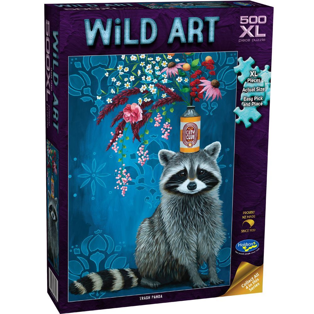 Holdson 500XL puzzle featuring a charming Trash Panda amidst vibrant floral designs and elegant damask backgrounds.