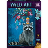 Colorful 500XL jigsaw puzzle featuring a whimsical Trash Panda surrounded by floral designs by artist Heather Gauther.