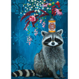 Colorful 500XL piece jigsaw puzzle featuring a whimsical Trash Panda surrounded by vibrant florals and damask backgrounds.