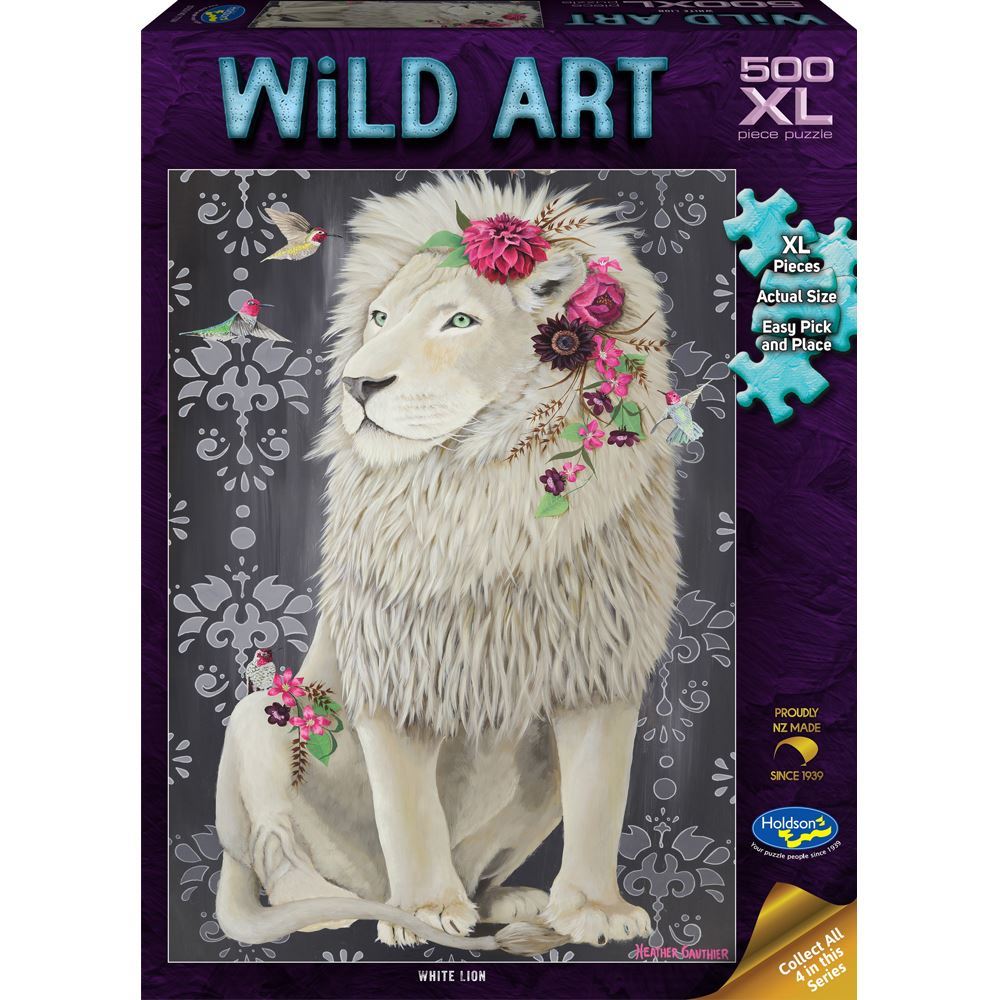 500XL puzzle featuring a vibrant illustration of a majestic White Lion by artist Heather Gauther, perfect for wildlife lovers.