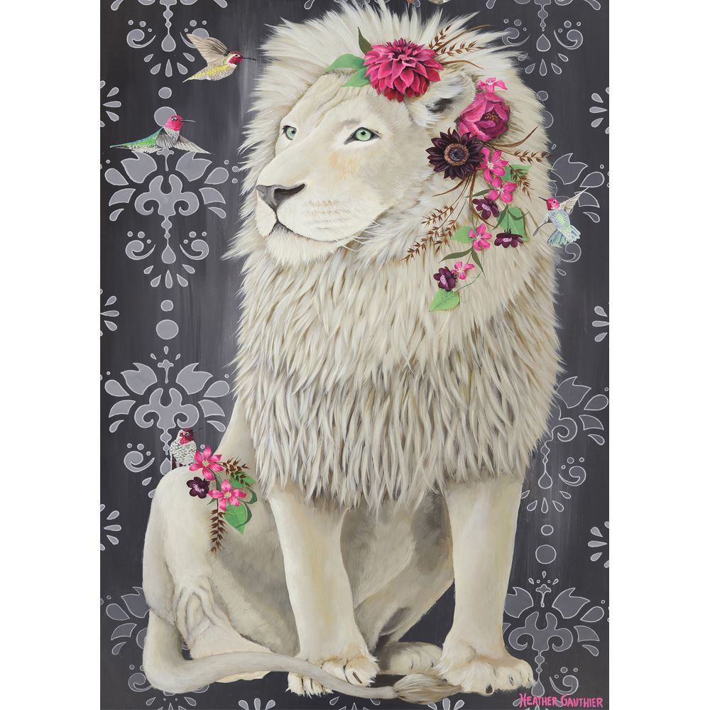 Holdson 500XL puzzle featuring a vibrant White Lion illustration by Heather Gauther, made from eco-friendly materials.