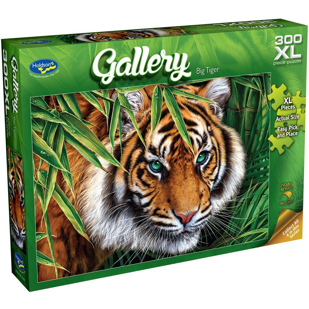 Vibrant 300pc puzzle featuring a majestic big tiger against a colorful backdrop, ideal for families and young puzzlers.