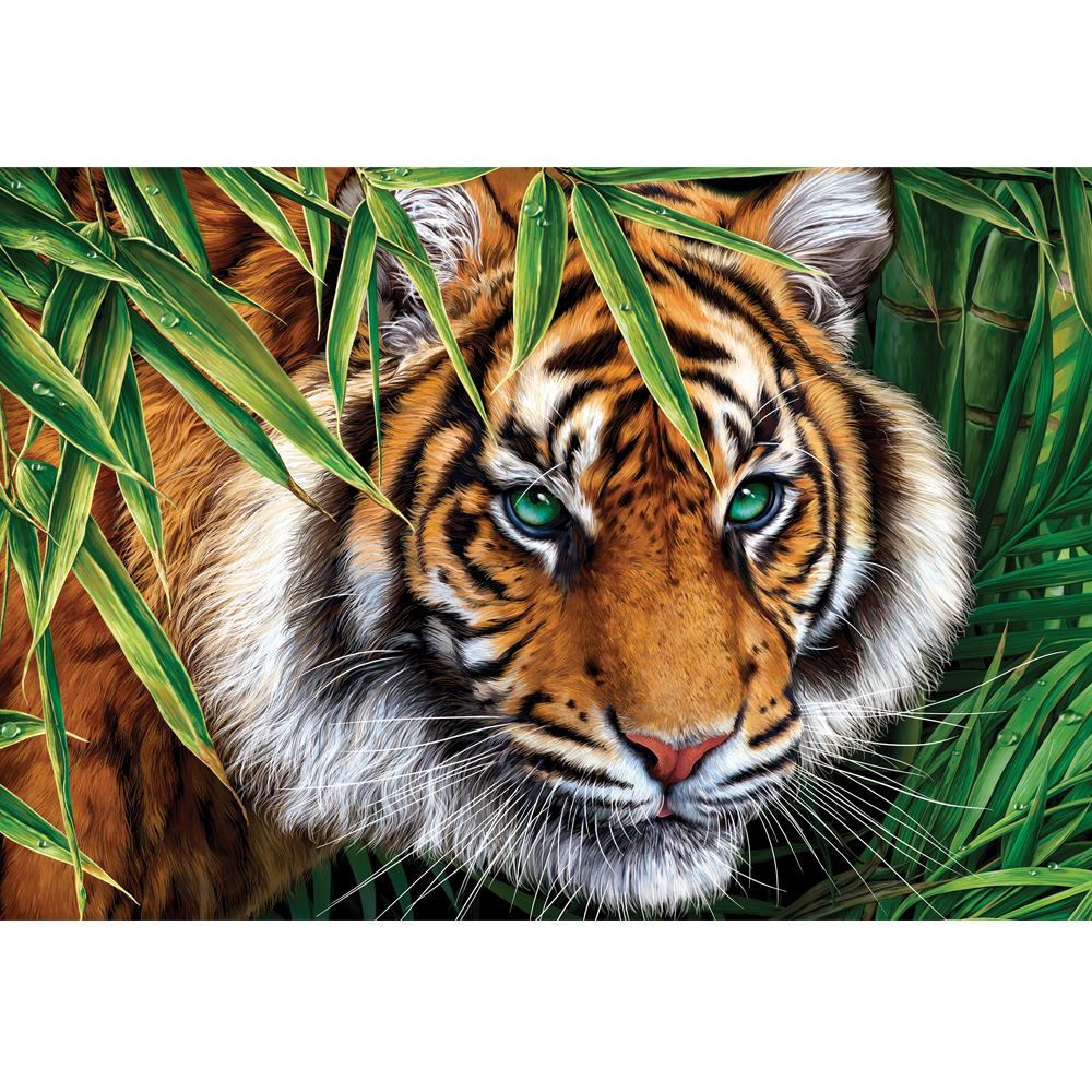 Vibrant 300pc puzzle featuring a majestic big tiger in a lush backdrop, perfect for families and puzzle enthusiasts.