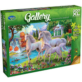 A whimsical 300-piece puzzle featuring vibrant unicorns by a waterfall, perfect for family fun and display.