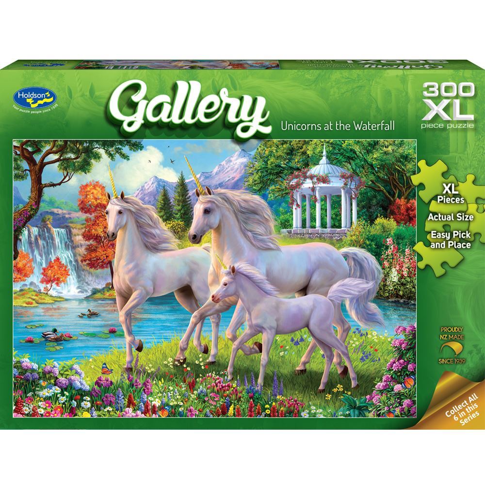 300-piece Holdson puzzle featuring a vibrant unicorn scene at a waterfall, ideal for family fun and gift giving.