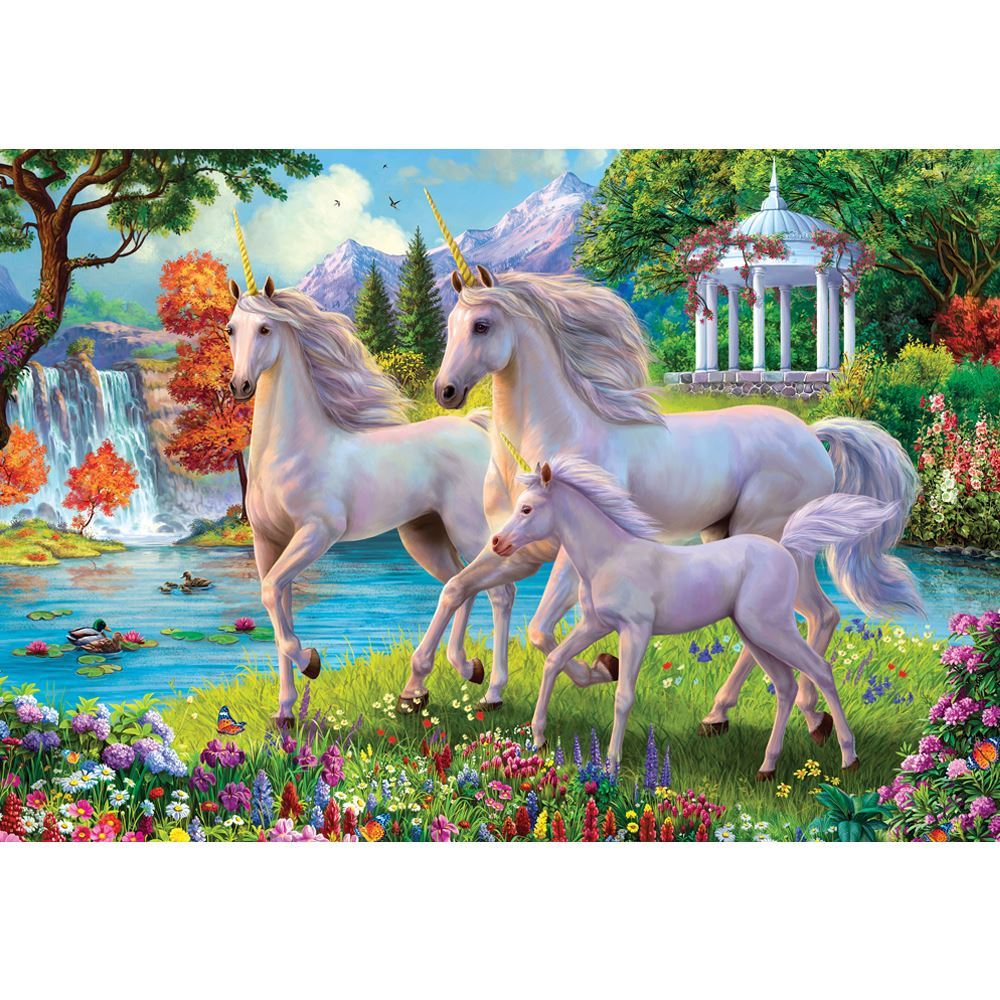 XL 300-piece puzzle depicting vibrant unicorns near a waterfall, perfect for family fun and unicorn enthusiasts.