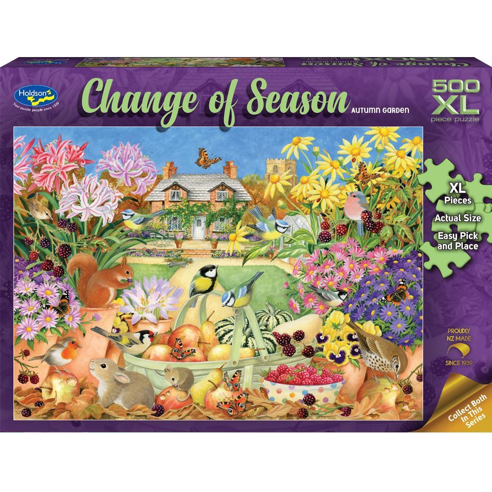 500-piece Holdson puzzle featuring an enchanting autumn garden, designed by artist Claire Comerford, perfect for family fun.