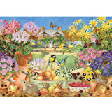 Autumn garden scene jigsaw puzzle with 500 extra large pieces, featuring vibrant colors and intricate floral details.