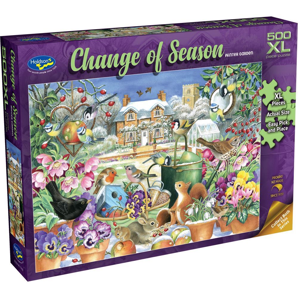 A 500-piece Holdson puzzle featuring a serene winter garden scene by Claire Comerford, measuring 688mm x 493mm.