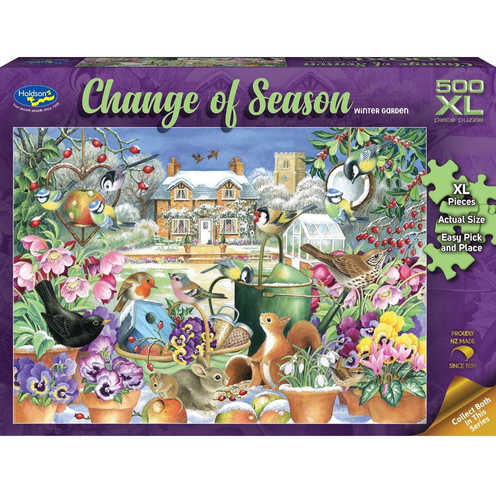 Close-up of Holdson 500pc XL puzzle featuring a serene winter garden scene by artist Claire Comerford, ideal for family fun.